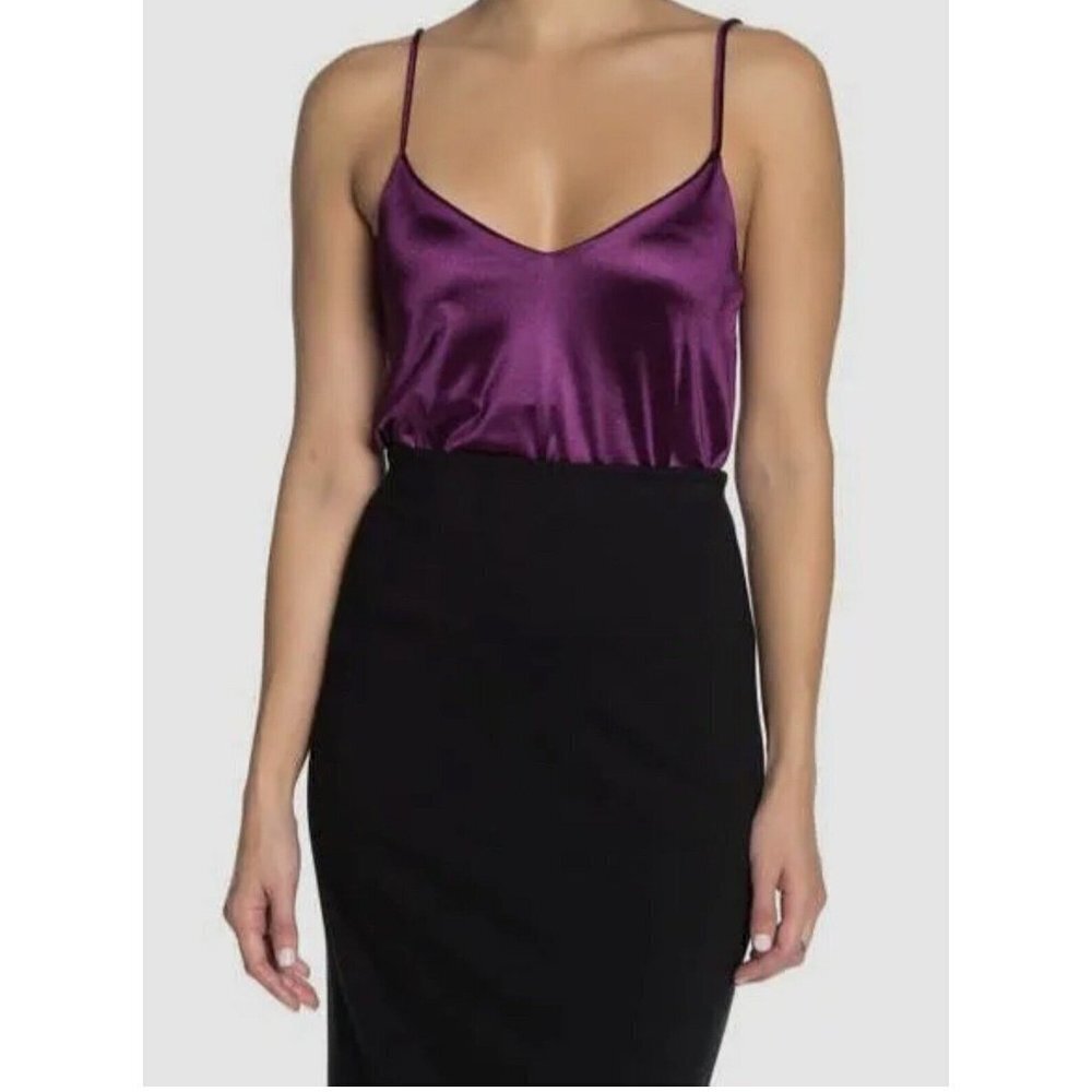 NWT 4SI3NNA Women's Purple Satin V-Neck Sleeveless Snap Button Bodysuit Size XS